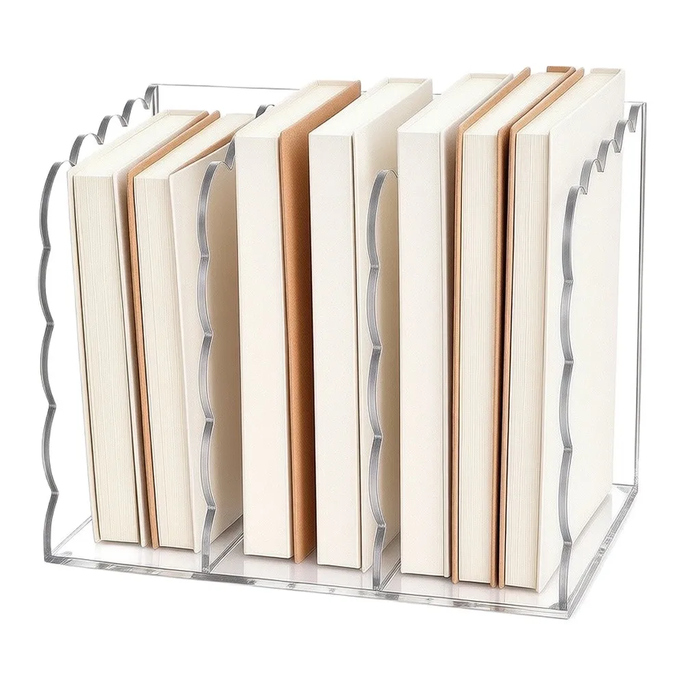 Scalloped Edge Clear Desk Organizer with Vertical Storage Design for Home Office Classroom 3 Section File Holder 8.46x7.28x6.5in