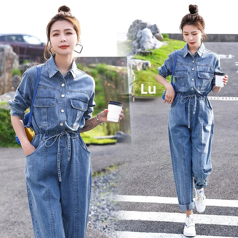 

Модный повседневный джинсовый комбинезон женский с высокой талией, длинные брюки, уличный стиль, темно-синий, рабочий комбинезон, летняя новинка
