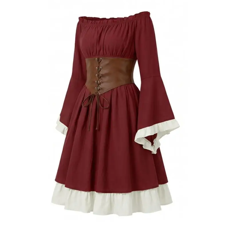 Medieval Renaissance Midi Dress Women Pirate Cosplay Costume Off Shoulder Long Flare Sleeve Corset Waist Vintage Gothic Outfit - view 6