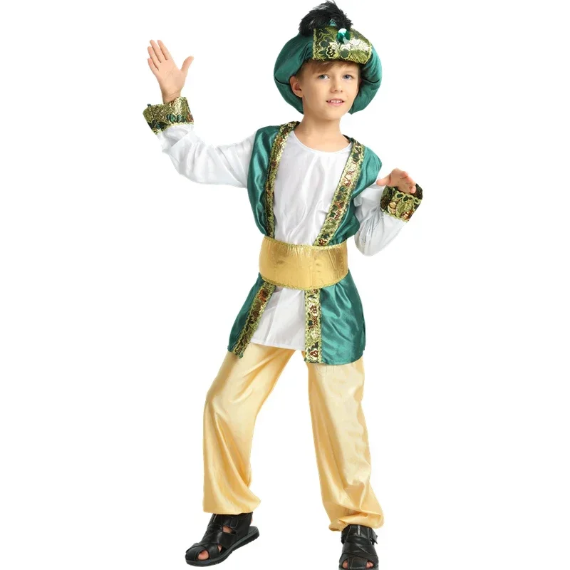 2025 New Purim Kids Children halloween Party Aladdin Costumes Aladdin Lamp genie costume Adam prince Fantasia Arab Clothing b AA