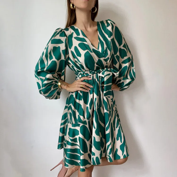 2026 Women's New Printed Random Fashion V-neck Long-sleeve Elegant High-waisted Short Clothes Summer Long Dress Prom Lace Maxi