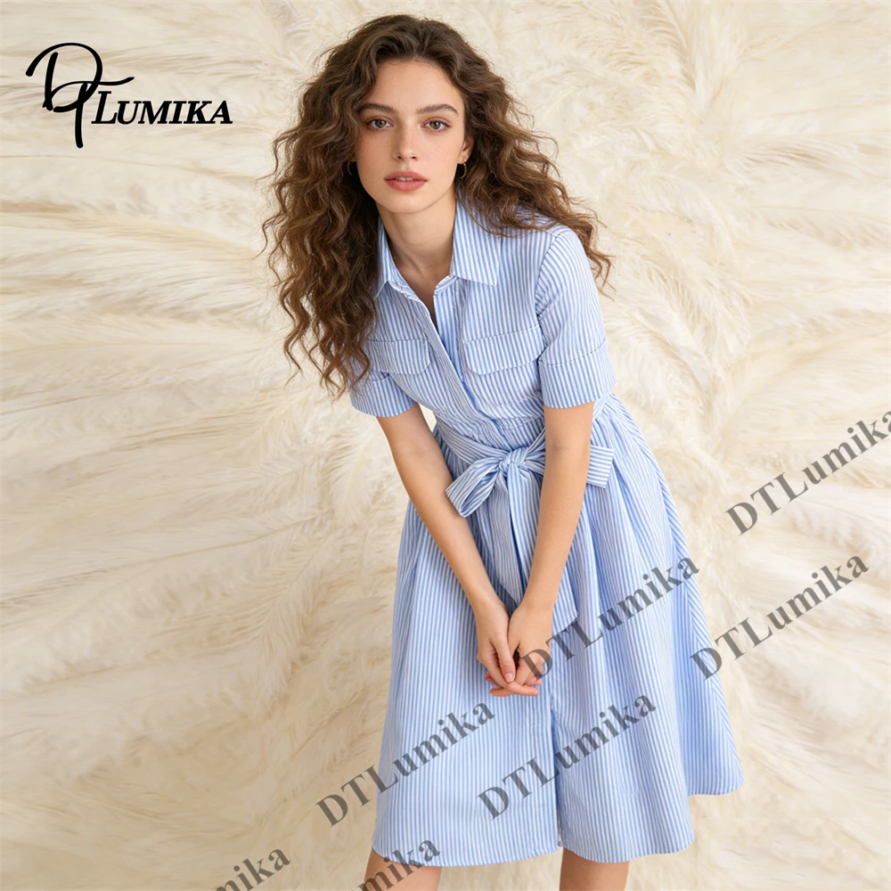 

Striped Shirt Dress for Women Short Sleeve Collared Midi Dress College Campus Perppy Dress Spring Summer Long Skirt
