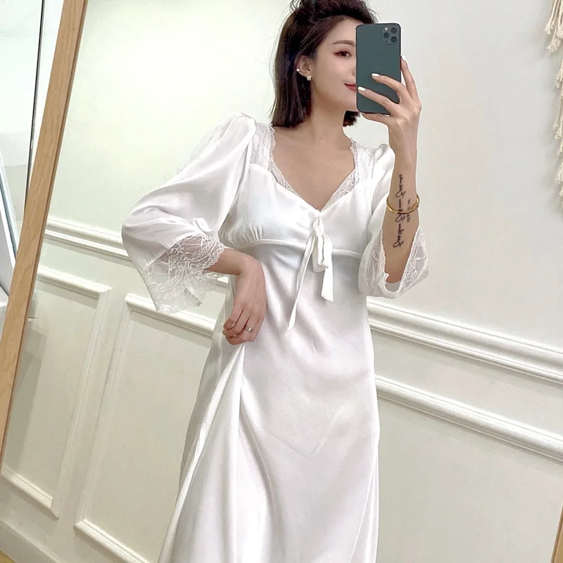 Spring and Autumn New Ice Silk Princess Nightdress Lace Girls Home Clothes Can Wear Pajamas Women