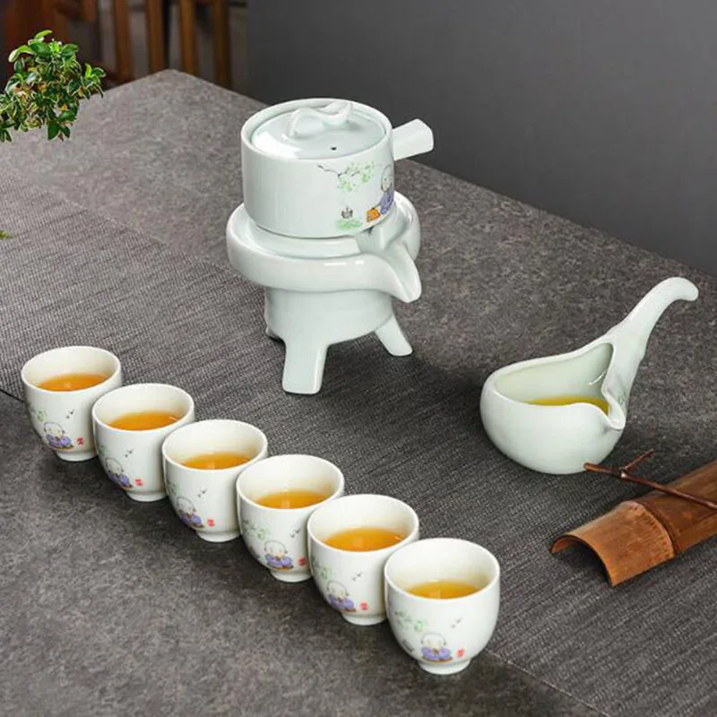 

8Pcs/Set Porcelain Tea Pot Cup Sets Office Household Lazy Semi-automatic Rotated Stone Mill Teaware Kungfu Tea Drinking Tool