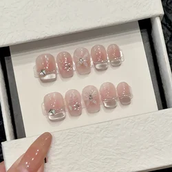 10Pcs Short Ballet Handmade Fake Nails Nude Pink Full Cover Nail Tips with Butterfly Design Wearable French Press on False Nails
