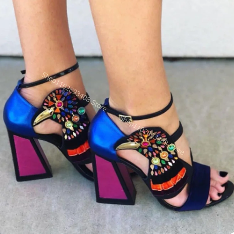 Mixed Color Crystal Decor Totem Sandals Cover Heel Strange Style Chunky High Heels Women Summer Fashion Shoes Zapatillas Mujer