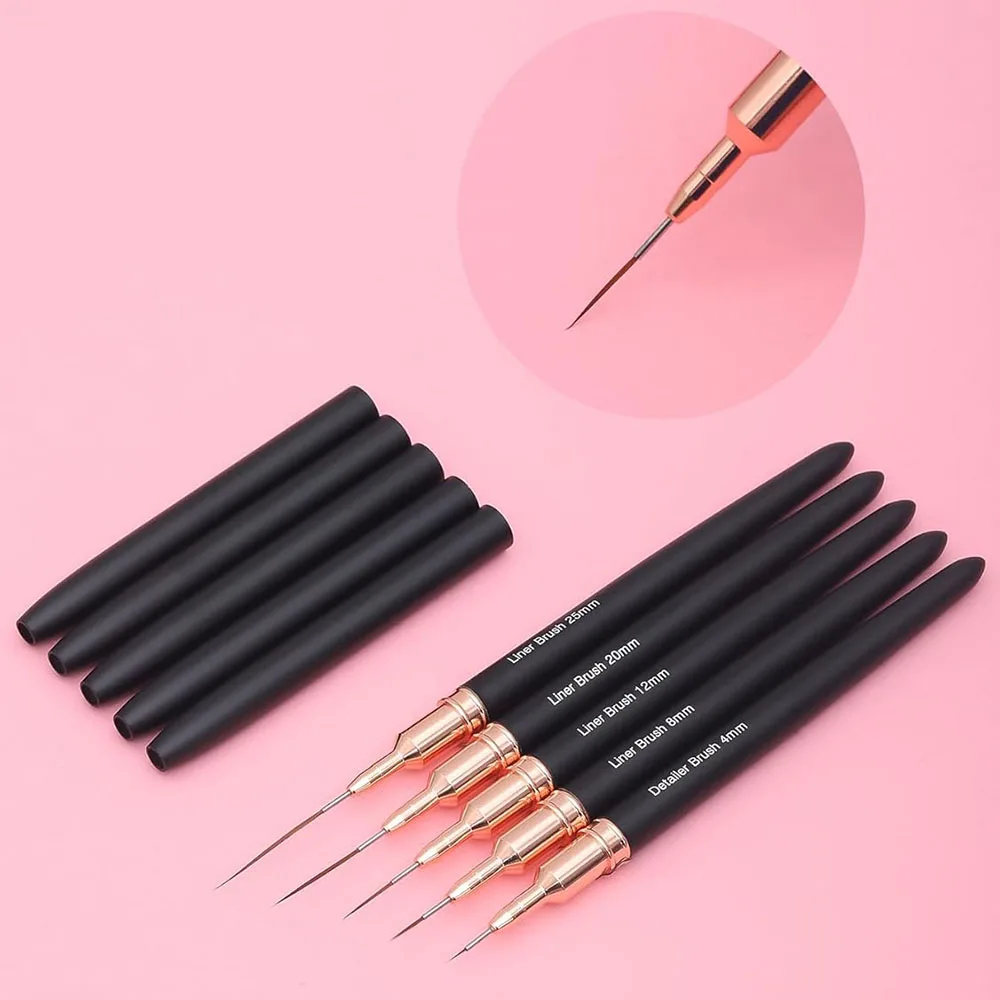 Black Nail Art Liner Brushes 5Sizes Painting Nail Design Pen /8/12/20/25mm Drawing Tool for Long Lines Thin Details Manicure Pen