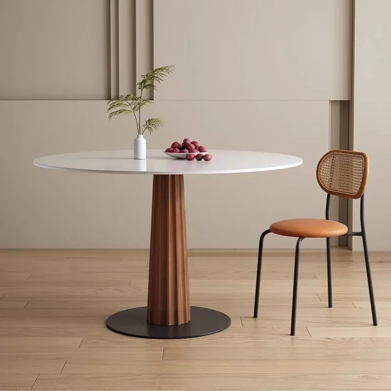 Solid Wood Round Dining Table Set with Pure White Sintered Stone Top Simple Modern Style Small Apartment Furniture for Home