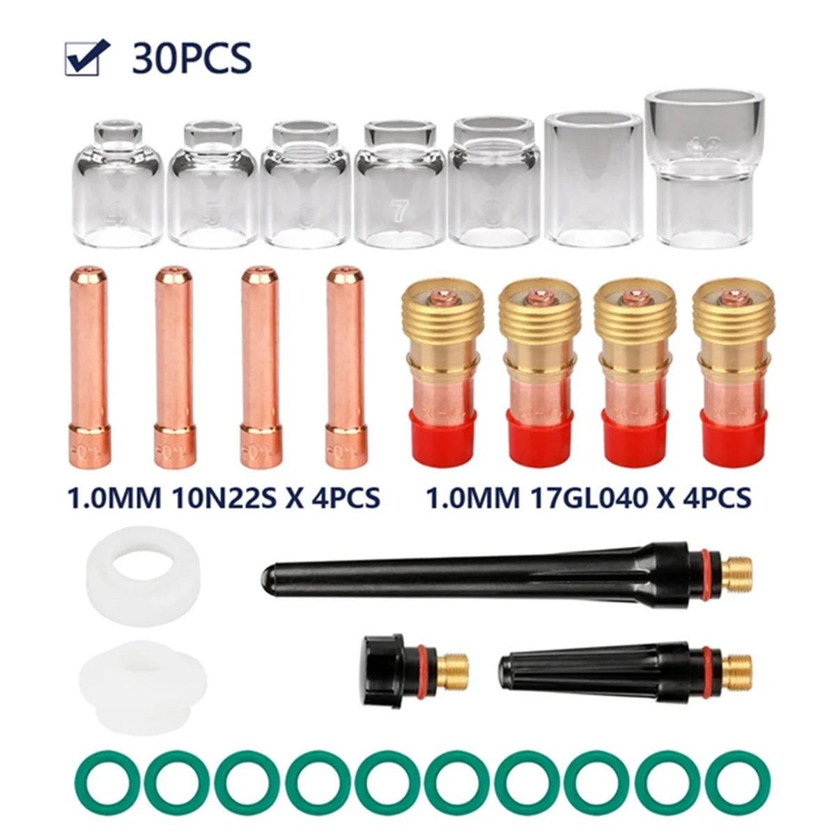

A002 30Pcs TIG Welding Torch Accessories Stubby Gas Lens 4 -12 Cup Kit for -17/18/26 Torch Welding Supplies 1.0mm