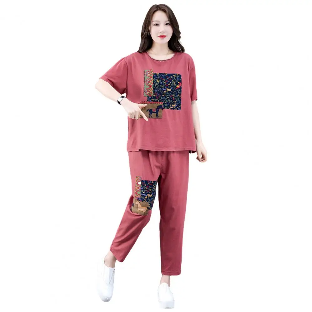 2Pcs/Set Sport Outfit Popular Stretchy Loose Outfit Mid-aged Mother Casual Printing Loose Tracksuit Daily Garment