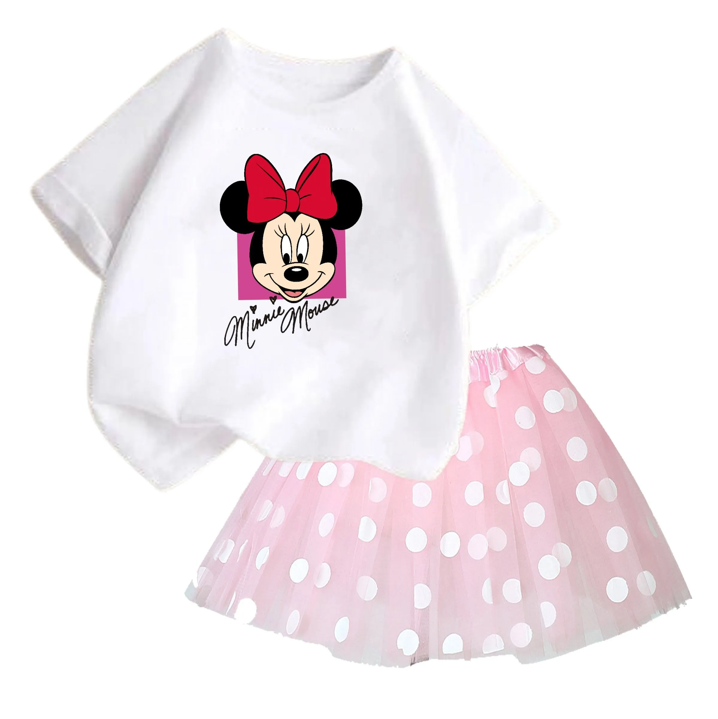 Summer Girls Disney Short Sleeve Top + Gauze Skirt Set Cartoon Cute Girls Princess Skirt Set Casual Set Girls Pompadour Skirt