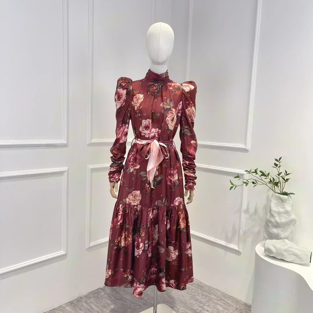 

New Collection High Quality Silk Floral Elegant Long Sleeves Pleated Patchwork Midi Dress for Women