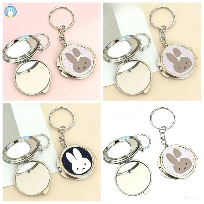 Nouveau porte-clés miroir en métal Kawaii Miffy, pendentif miroir portable pliable, mini miroir super mignon pour clés