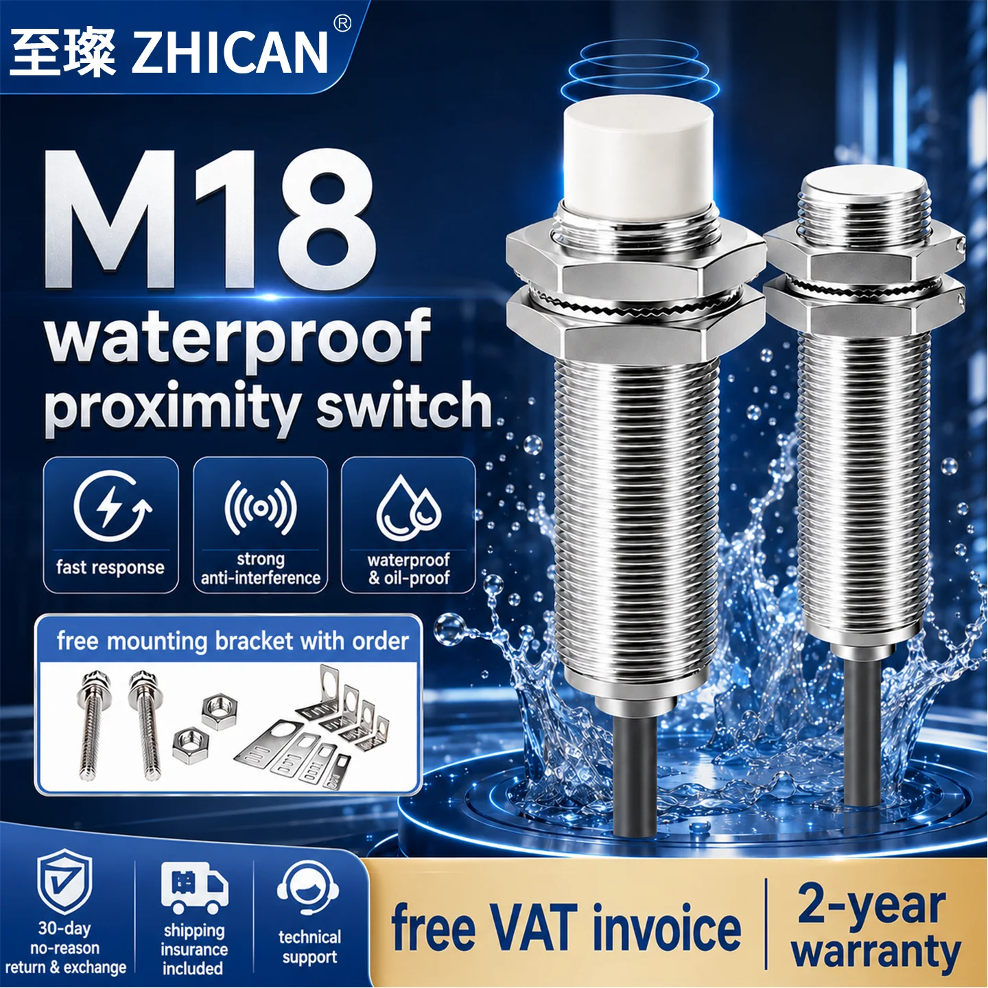 ZHICAN E2B M18 Inductive Proximity Sensor NPN PNP NO NC 3 Wire DC24V Cylindrical Metal Detection Switch