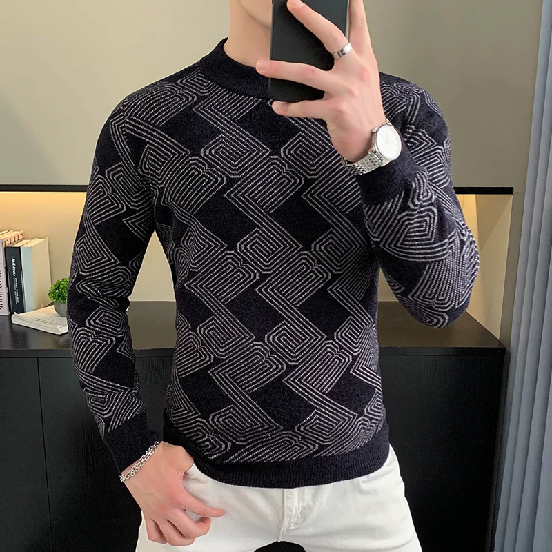 Brand Jacquard Velvet Knitted Sweaters Men Autumn Winter Long Sleeve Slim Casual Pullover Versatile Business Social Base Tops