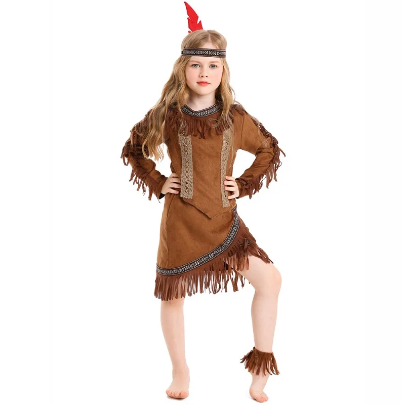 

Girls Wild Children Halloween Cosplay Costume Indians Carnival Party Hunter Role Play Outfit Kids Unisex Fancy Dress Up L.XL