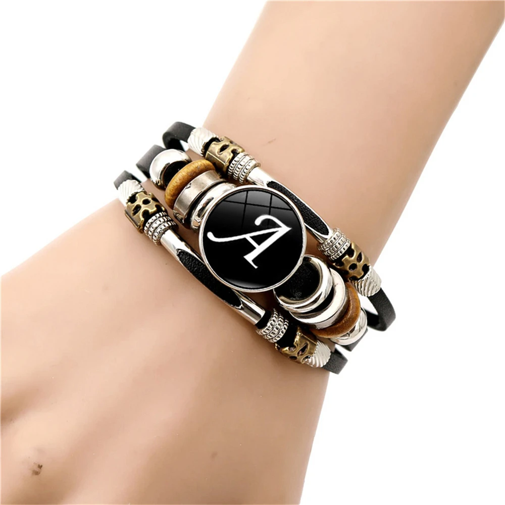 Retro A-Z Initial Alphabet Bracelet Adjustable Leather Double Side Hand Made Rope Bangles for Men Boy Gifts Jewelry