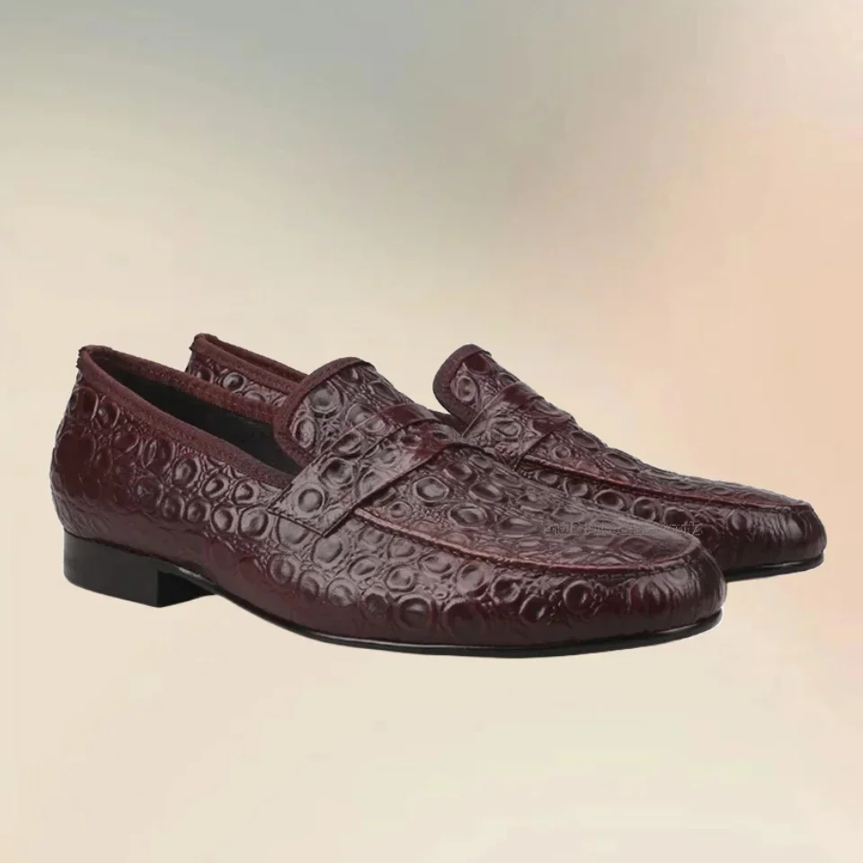 

Brown Marble Embossing Men Loafers Fashionable Luxury Slip On Men Dress Shoes Comfort Handmade Runway Low Top Men Casual Shoes