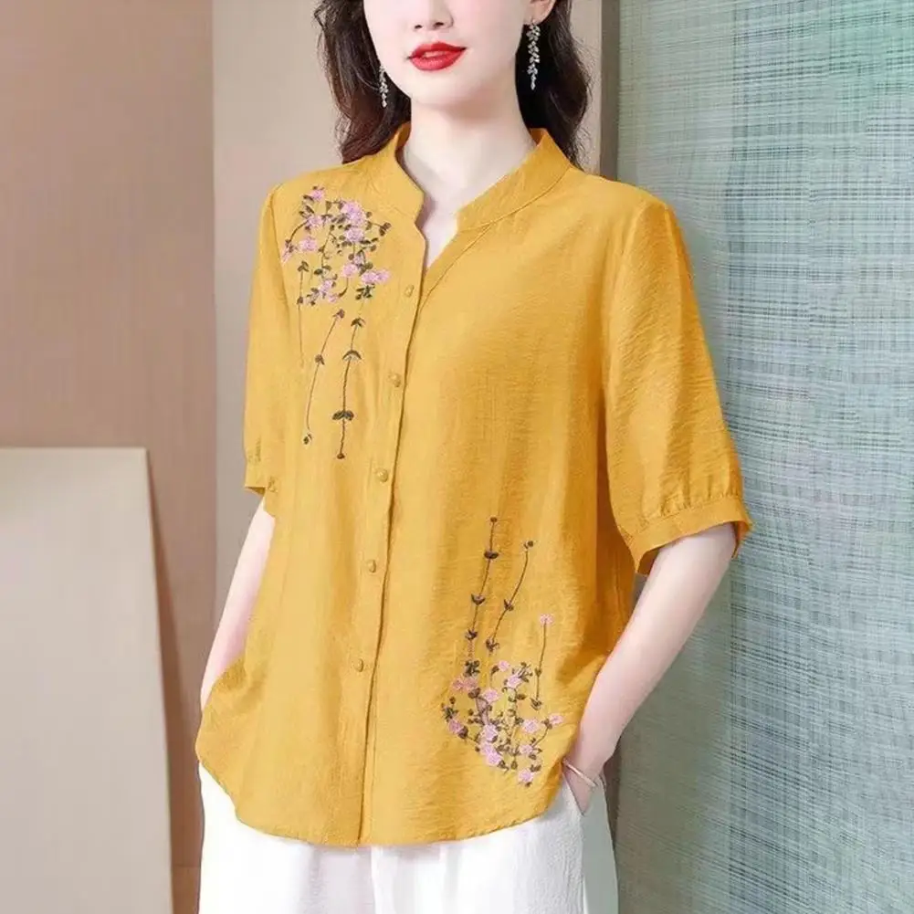 

Women Shirt Floral Embroidery Stand Collar Women's Shirt Loose Fit Short Sleeve Summer Blouse Single Breasted Spring Top Casual