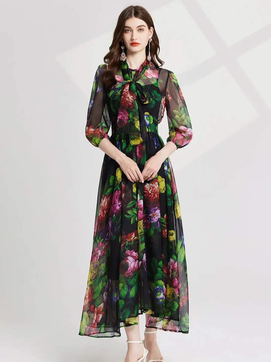 Autumn Holiday Luxury Faux Silk Chiffon Long Maxi Dress for Women's Bow Lace-up Floral Print Big Swing Sundress Robes Femme