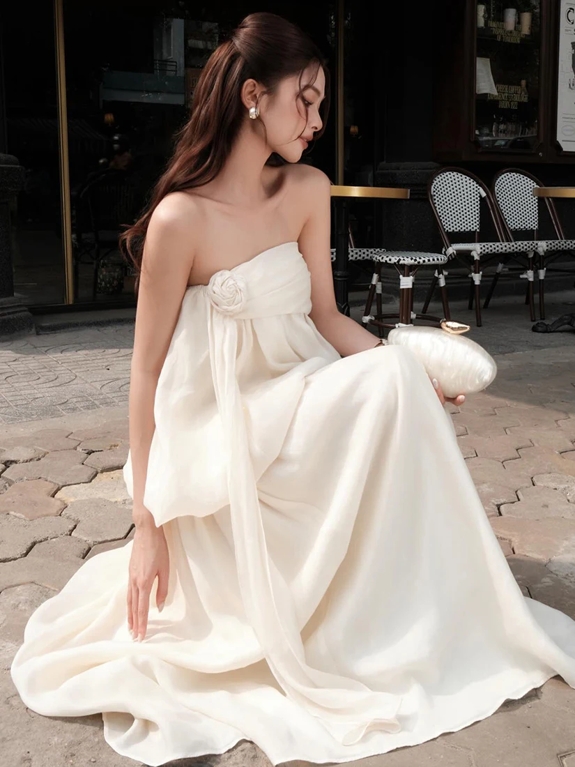 Robe longue française élégante pour femme, en polyester, sans manches, décorée de fleurs romantiques à la lumière de la lune, style princesse