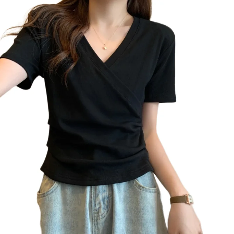 Black V-Neck Short Sleeve T-Shirt Women Summer plus Size Conceal Belly Slimming Short Style Top Korean Version Casual Wear