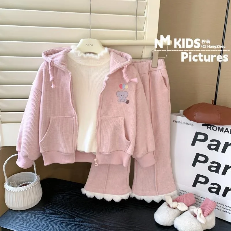 RAISE Herbst Kinder Mädchen 2-teiliges Kleidungsset, lockerer Reißverschluss-Kapuzenmantel für Kinder Mädchen, Spitzenbesatz, Kleinkind Mädchen Schlaghosen-Anzug