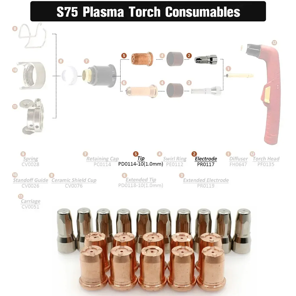 20pcs PR0117 Plasma Electrode PD0114-10 Tip 1.0mm For Trafimet S75 Cutting Torch WS OEM Plasma Cutting Machine Consumables