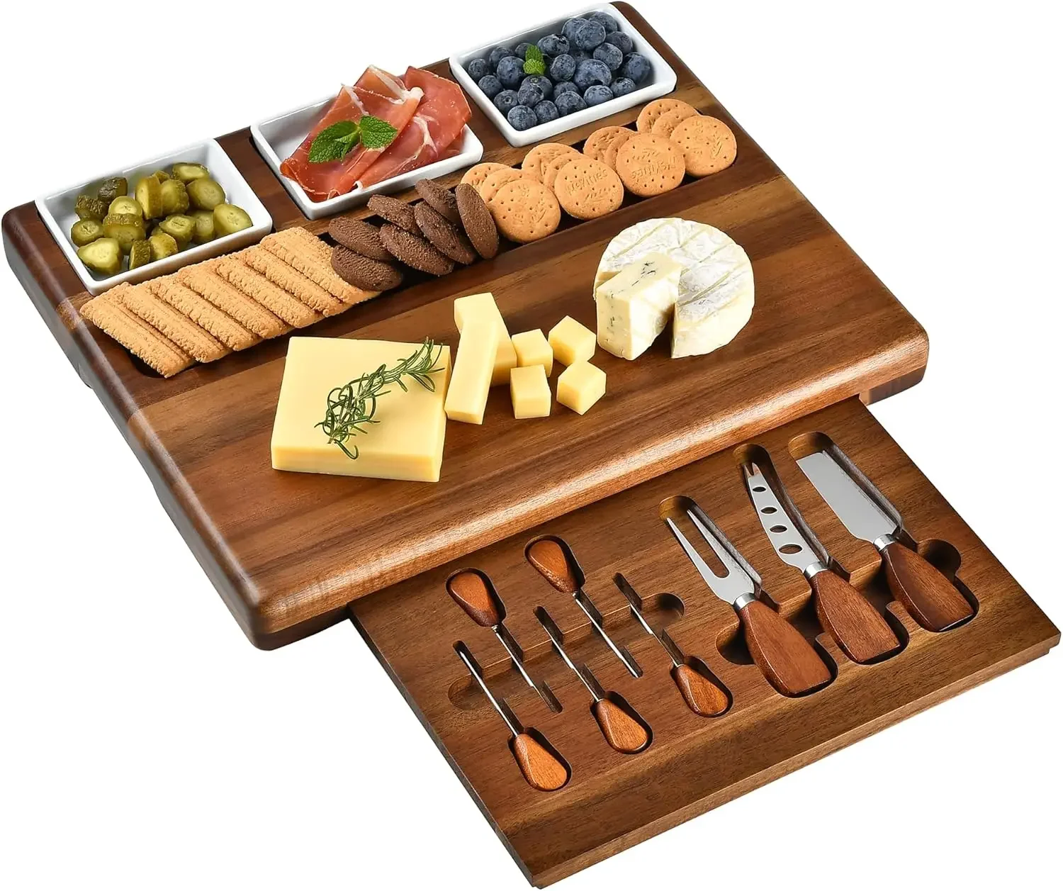 

Large Acacia Wood Charcuterie Board Set with 3 Removable Ceramic Bowls & Serving Utensils - Housewarming, Wedding