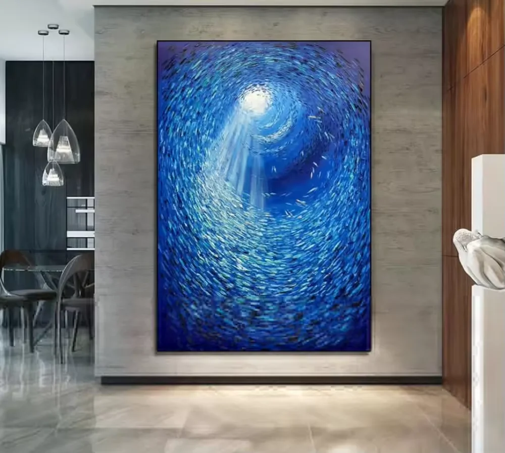 Modern Blue Sea Abstract Fish Painting On Canvas Marine Artwork Textured Wall Art for Office Decor Fish Whirlpool