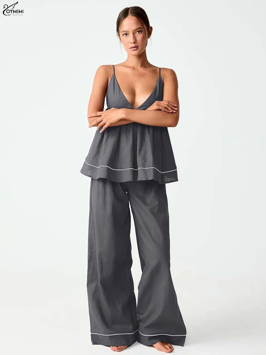 

Oymimi Elegant Grey Cotton 2 Pieces Set For Woman Fashion Spaghetti Strap Open Back Patchwork Blouses And Straight Trousers Sets