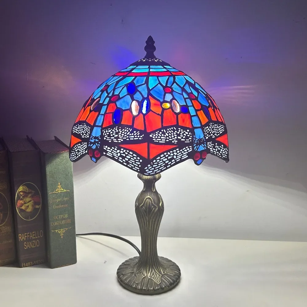 

Classical Tiffany Stained Glass Room Decoration Bedside Lamp for Bedroom Red Dragonfly Morning Glory Lampshade Table Desk Light