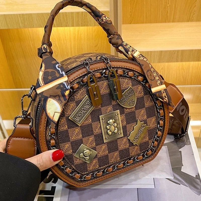 High Sense Fashion Ladies Small round Bag2024New Retro Printed Handbag Casual All-Match Shoulder Messenger Bag