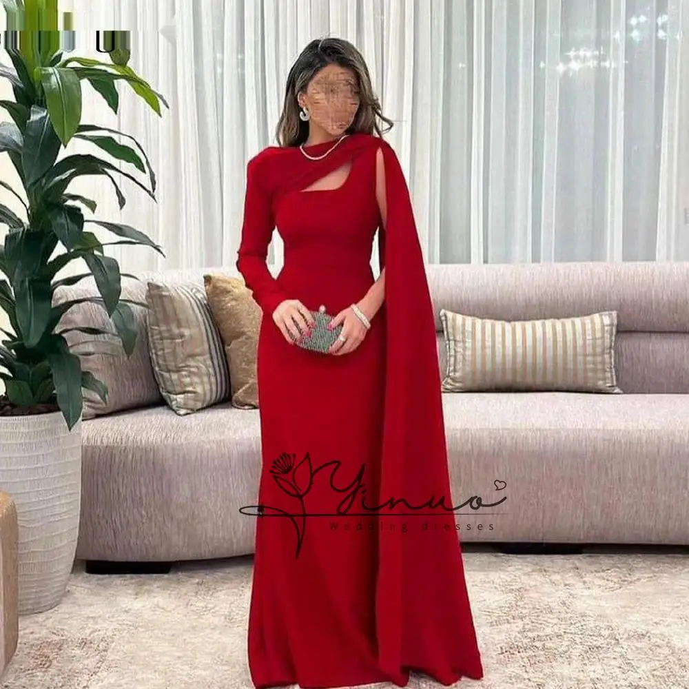 Red Evening Dresses with Cape One Shoulder Square Neck Mermaid Gala Party Dress 2024 Elegant Prom Gowns for Women