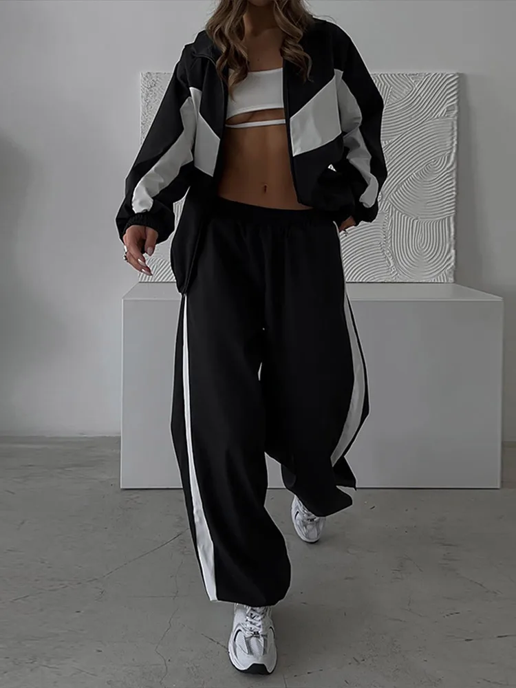 Getäfeltes, langärmliges, übergroßes Oberteil, Hosen-Sets für Damen, Streetwear, Laternenärmel, Reißverschluss, lockerer Mantel, Hose mit weitem Bein, modische Sportbekleidung – Detail 26