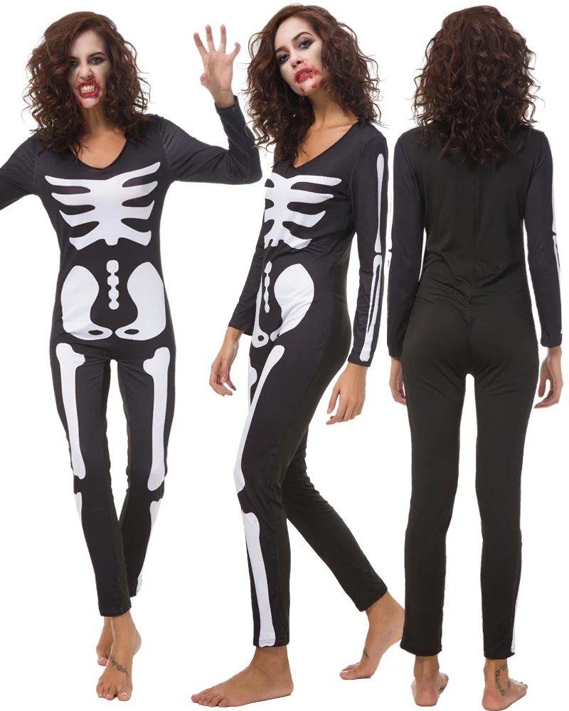Kostum zombie horor cetak kerangka karnaval Halloween, kostum hantu tengkorak, jumpsuit tengkorak bermain peran, kostum cetak 3D