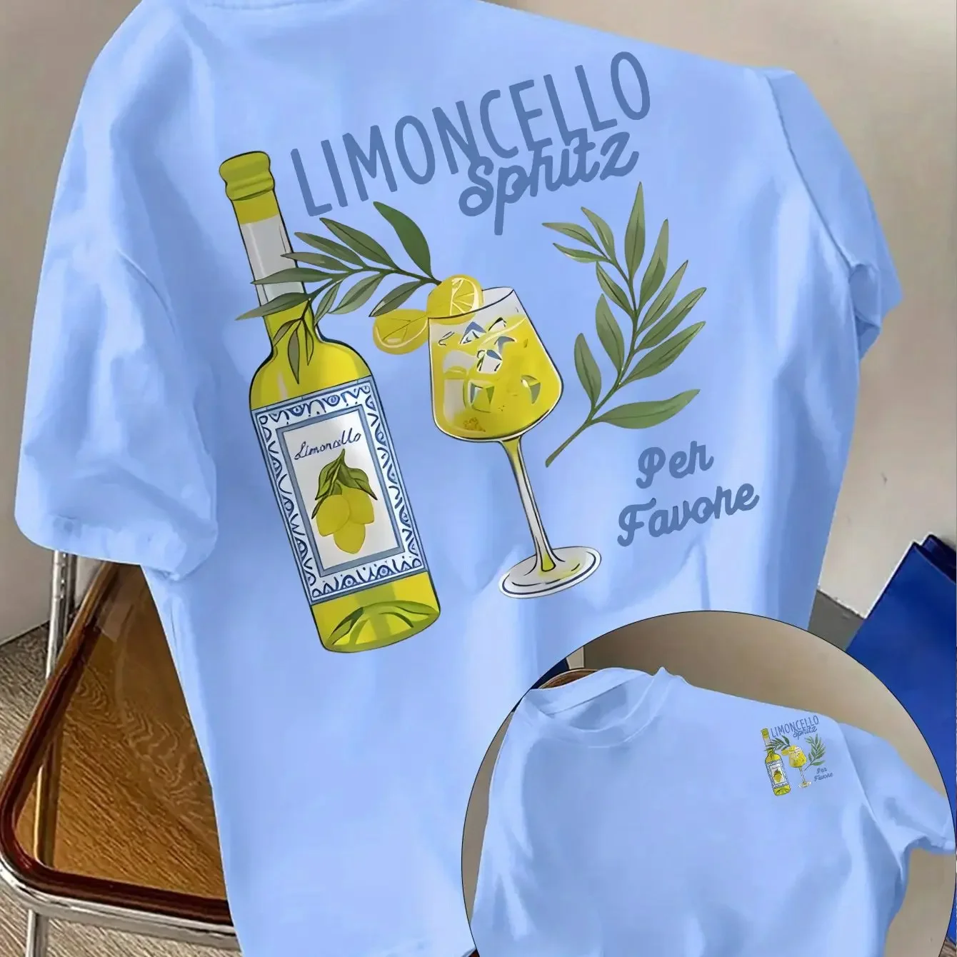 Men Oversized Graphic T Shirt Limoncello Cocktail Bottle Illustration Italian Coastal Vacation  Streetwear Short Sleeve Tee