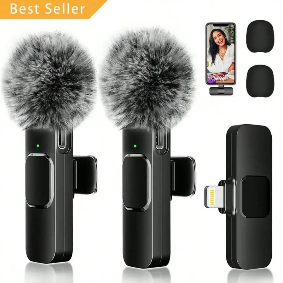 Portable Cordless Wireless Lapel Microphone 2PCS Set Windproof Fur Cover Design Tangle Free Omni Mic for Phone Vlogging Interview Live Streaming Recording Holiday & Mother’s Day Present