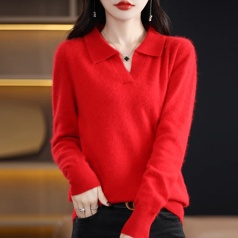 100% Mink Cashmere Soft Sweater Women Polo Collar Pullover Casual Knit Sweater Autumn Winter Warm Solid Color Long Sleeve Top