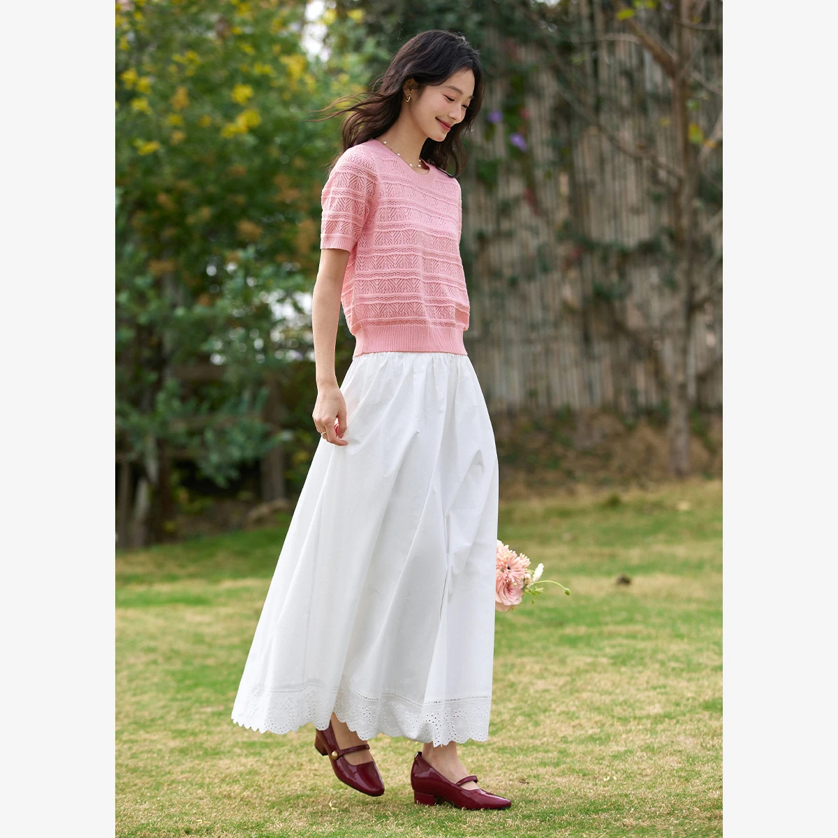 VIMLY Women's White Midi Skirt 2026 Summer New Lace Splicing Design High Waist Loose-fit Long Skirt Cotton 100% Clothing A0667