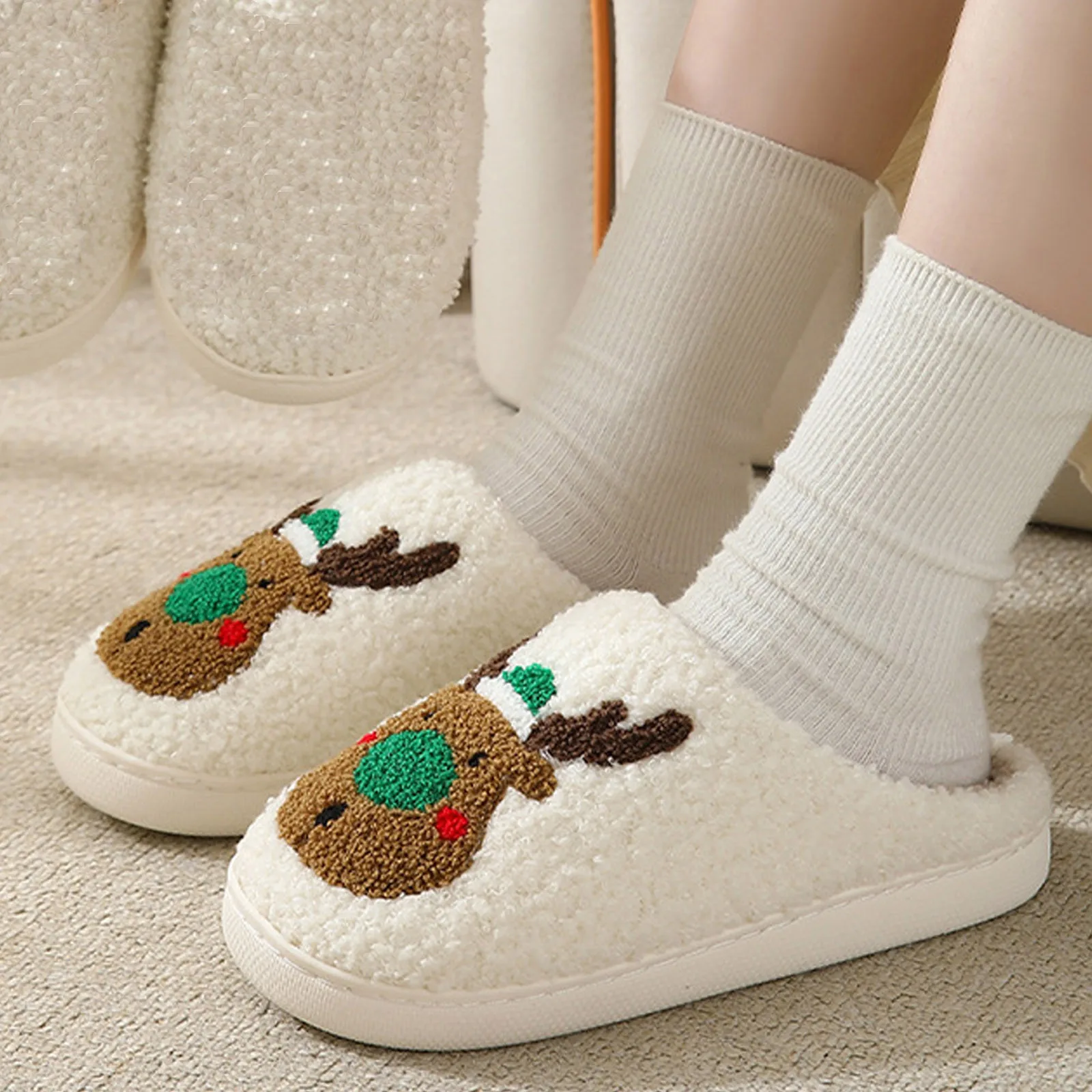 

Women Winter Home Autumn Warmth Thick Plush Non-Slip Leisure Soft Bedroom Floor Shoes Christmas Present Cute Slippers for Women