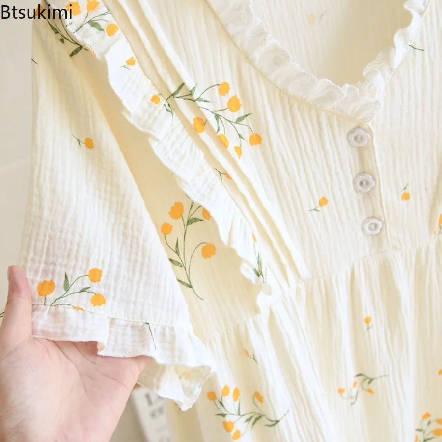 2025 Women's Summer Nightdress 100% Cotton Gauze Crepe Skirt Thin Short Sleeve Sweet and Cute Cardigan Skirt Home Skirt Female