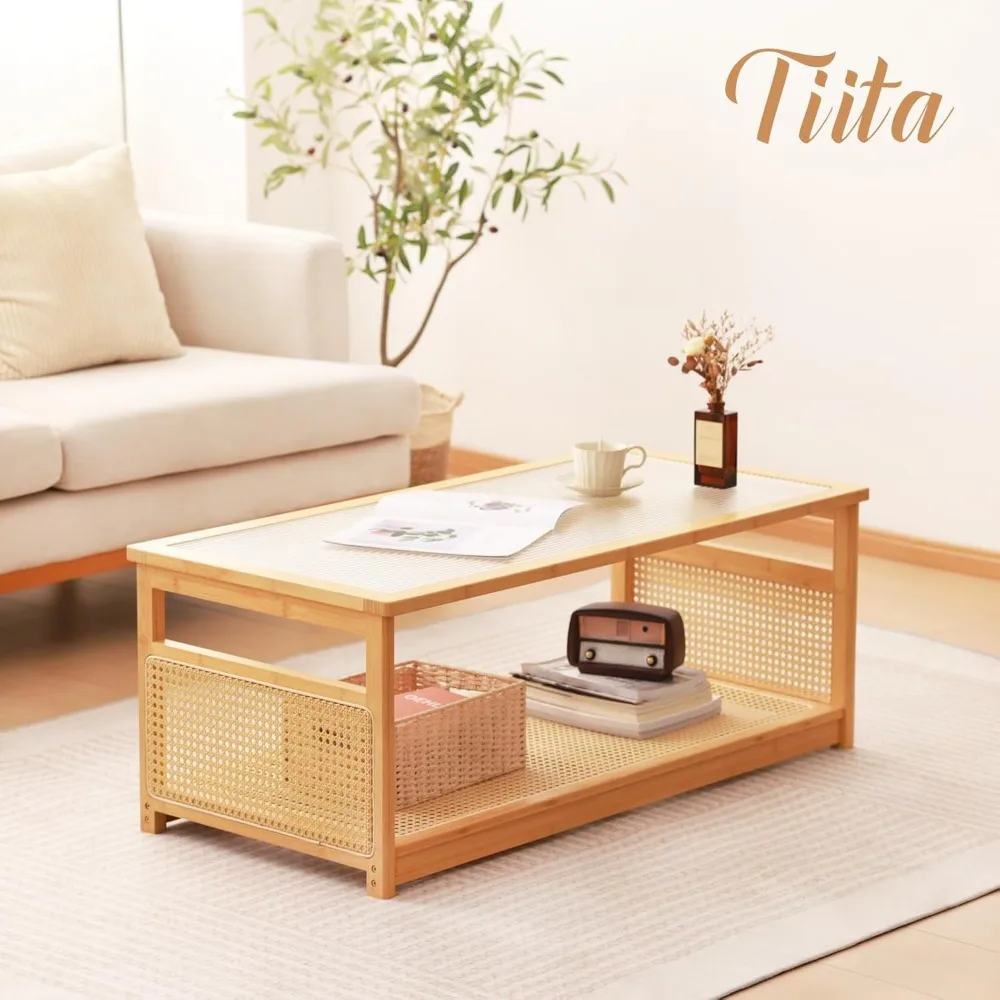 Mid-Century Modern 2-Tier Storage Coffee Table with Rattan and Glass Top for Living Room
