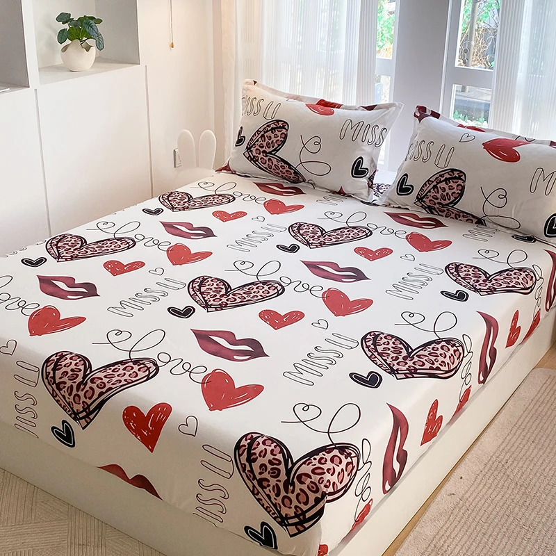 

Ins 3pcs Heart Bed Set Soft Girls Bedsheet with Pillowcase Non-slip Bed Linen Skin-friendly Fitted Sheet for Lover Couples