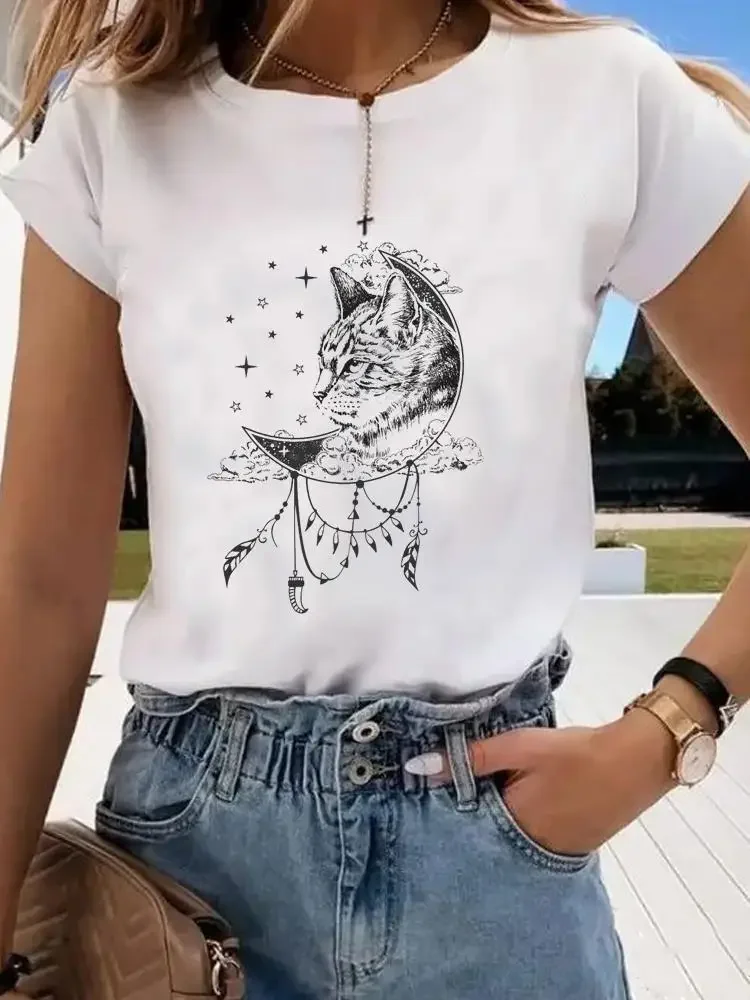 Camiseta feminina com manga curta, gato animal, roupa estilo adorável, camiseta feminina, camiseta gráfica para senhora, moda primavera e verão