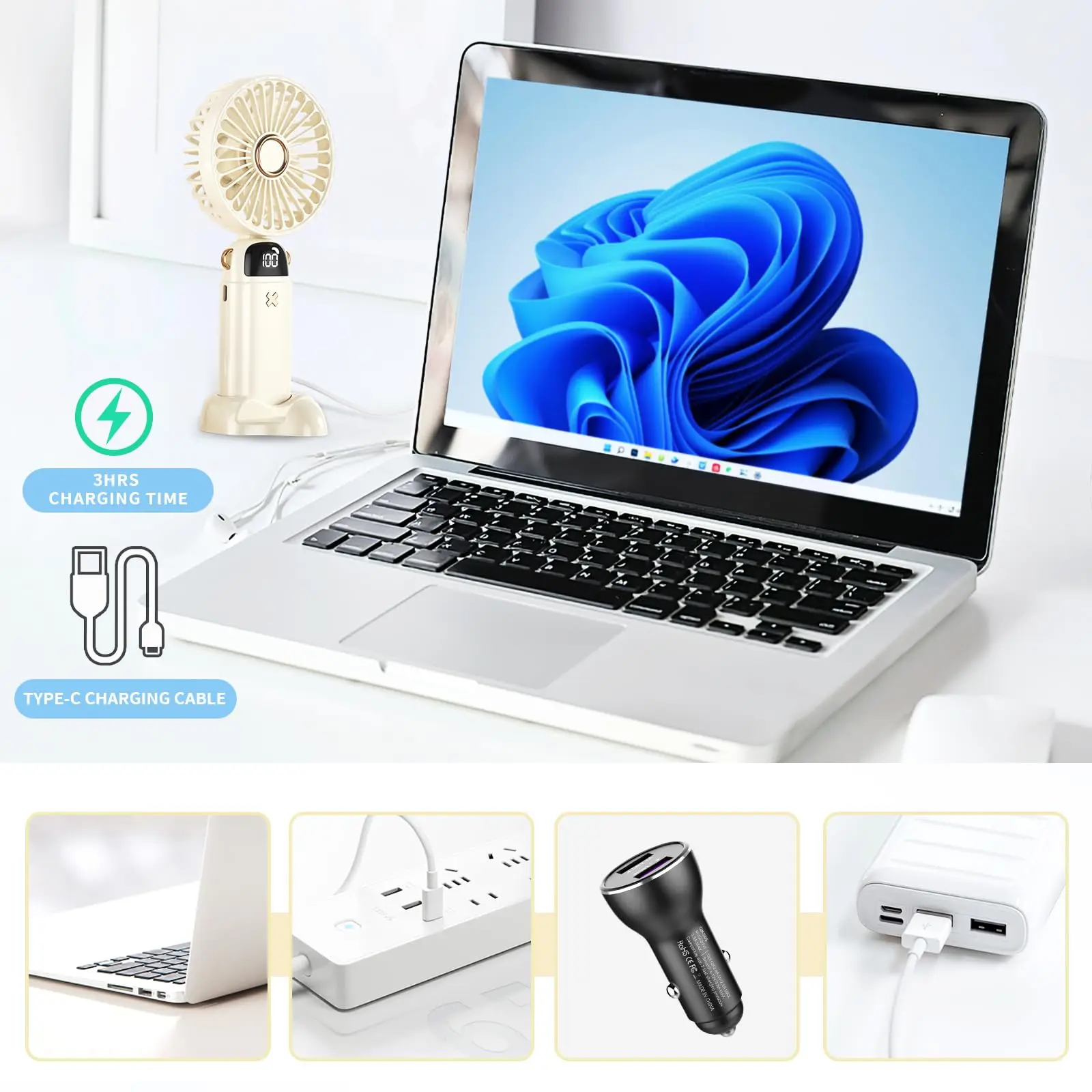 Ventilateur de bureau portable avec base et affichage LED, à 5 vitesses de refroidissement, à piles rechargeables, 4000mAh