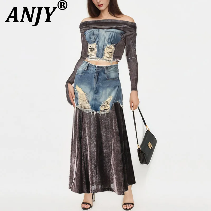 

ANJY, новая летняя женская шикарная юбка, потертые джинсовые лоскутные плиссированные юбки с открытыми плечами и длинными рукавами, уличный топ A9702