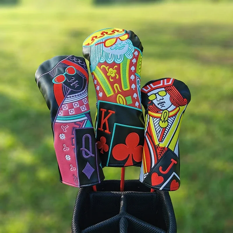 Golf Wood Head Cover Set, King and Queen and Knight, Poker Driver, Fairway Hybrid, 135H Club Cover Set, Premium Leather, Unisex