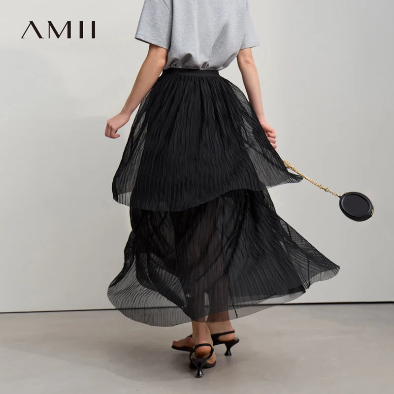 

Amii Long Skirt 2026 Spring New Casual Vacation Waist Pleated Mesh Long Skirt Women Loose Solid Versatile Woman Clothes 12621001