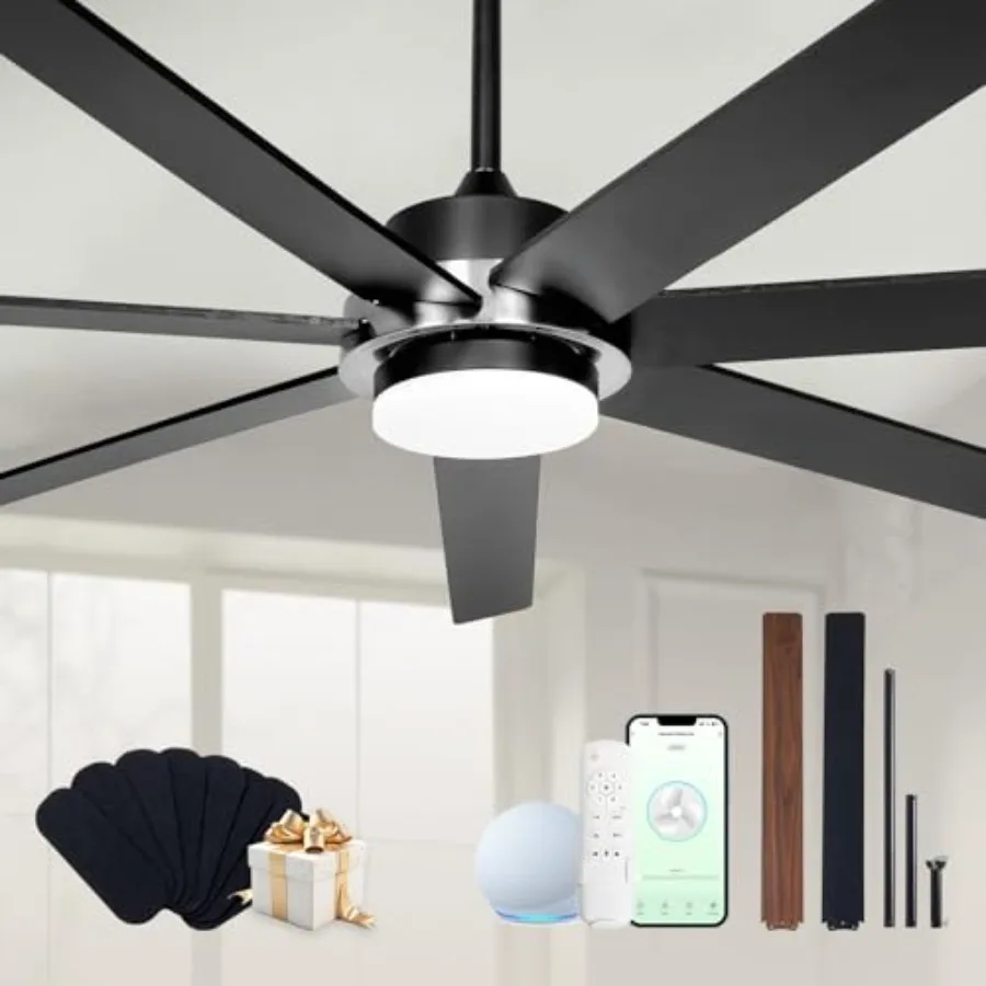 

Indoor Outdoor Ceiling Fan for Patios or Bedroom, Living Room: 72 Black Smart Fan with Light, WIFI Alexa APP Control, 6-Speed Q
